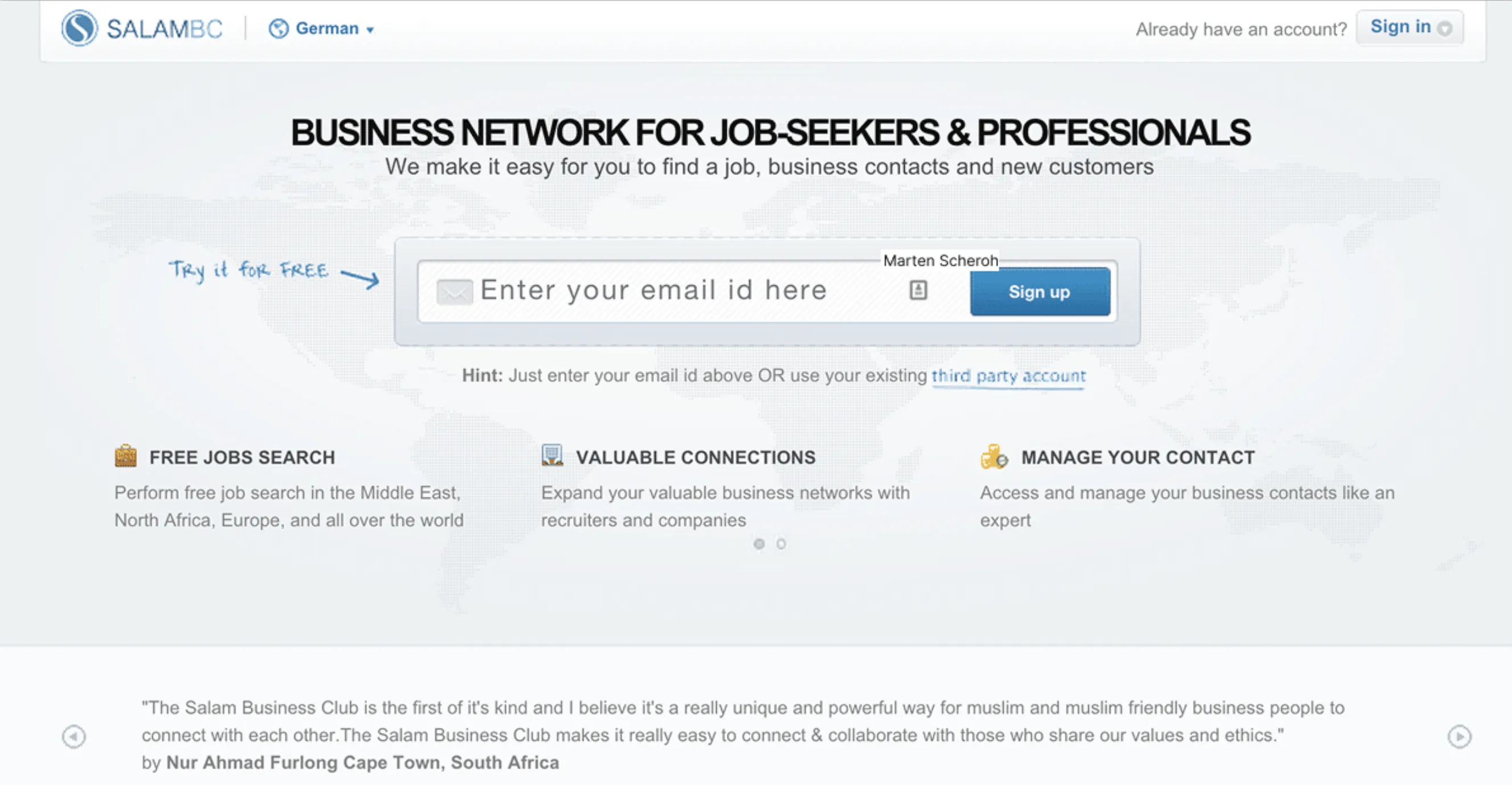 Produkt-Screenshot der Salam-Business-Club-Plattform: Startseite mit Anmeldung und Funktionsübersicht