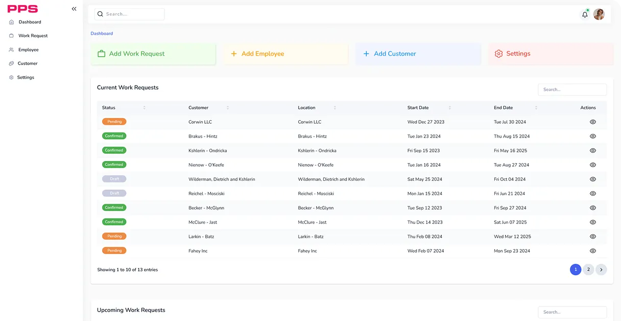 Produkt-Screenshot der Personalplanungs-Software: Dashboard mit aktuellen Arbeitsaufträgen